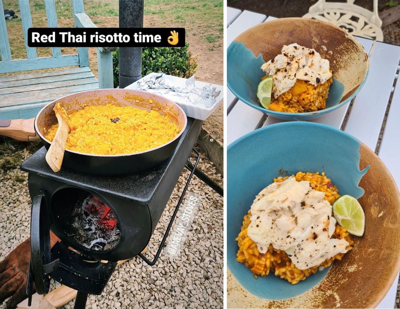 Photo montage of a Red Thai Risotto being cooked on top of an Anevay Frontier Stove and served up in blue bowls on a garden table.